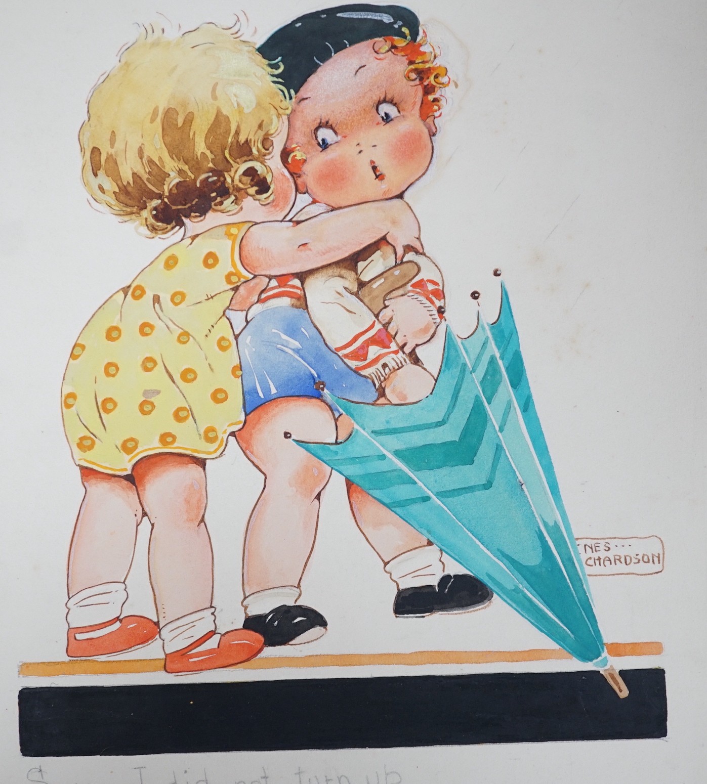 Agnes Richardson (1884-1951), four original watercolour and gouache postcard designs, Humorous children, signed, 38 x 24cm approx., unframed